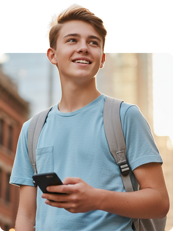 Adolescente com mochila nas costas e celular na mão, aluno do Alumni Griggs High School