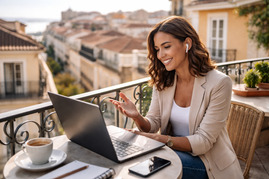 Pessoa trabalhando remotamente com notebook em outro país
