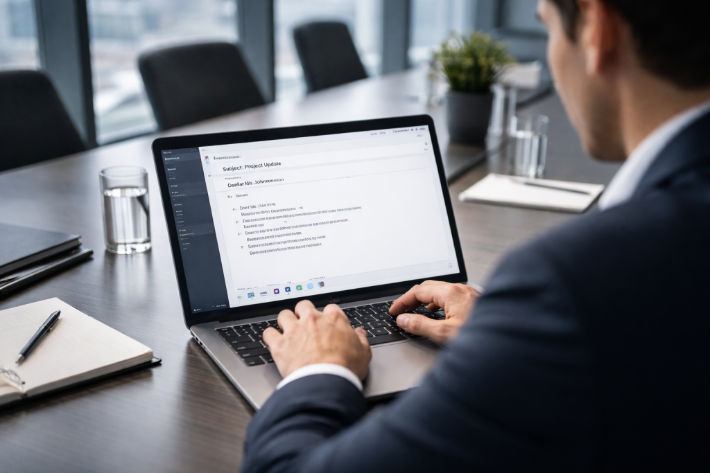 Pessoa redigindo e-mail profissional em ambiente corporativo