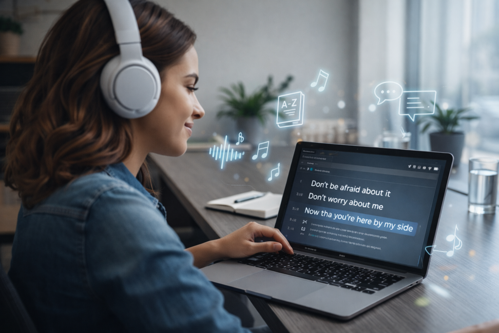 pessoa com fone de ouvido, letra de música em inglês e ícones de aprendizado