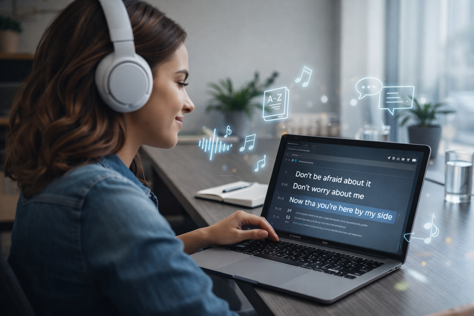 pessoa com fone de ouvido, letra de música em inglês e ícones de aprendizado