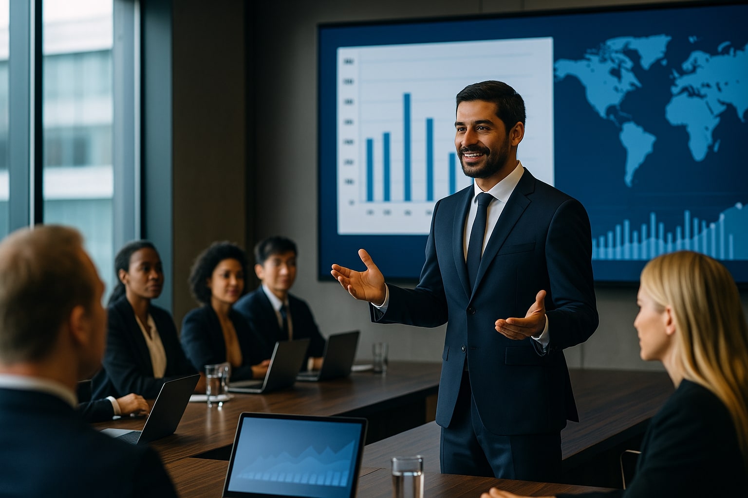 Líder falando inglês em reunião corporativa